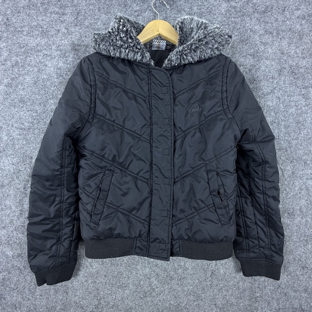 Vans Puffer Jacket Girls Large Black Embroidered Logo Quilted Faux Fur Hooded